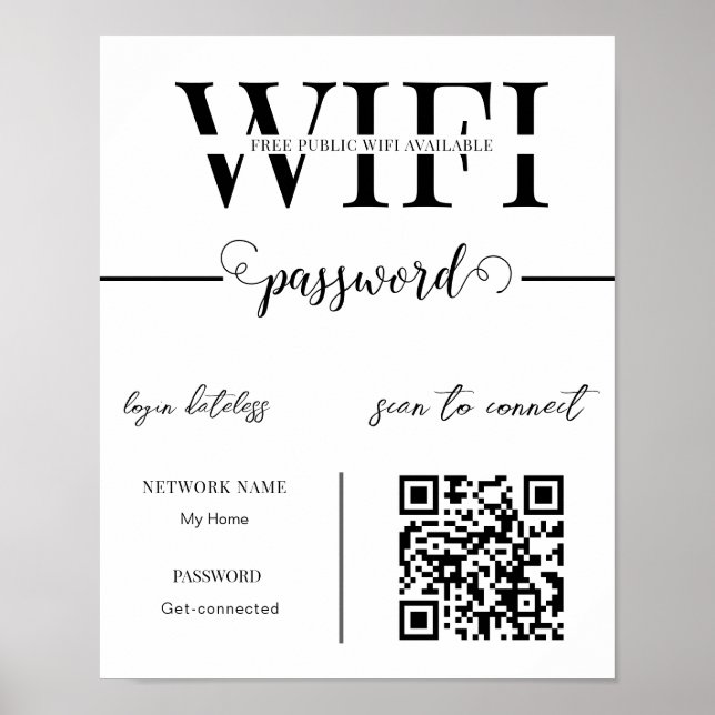 Póster Código QR de contraseña de red WIFI negro y blanco (Frente)