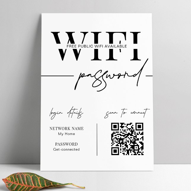 Póster Código QR de contraseña de red WIFI negro y blanco (wifi password poster)
