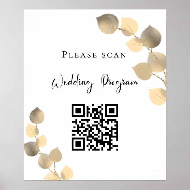 Póster Código QR del programa de boda eucalipto dorado (Frente)