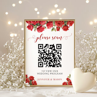 Póster Código QR del Programa de Boda Floral de Rosa Roja