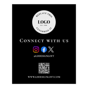 Póster Código QR social blanco y negro sitio web Logotipo