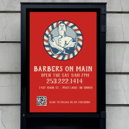 Póster Código QR y distintivo de barbería retro
