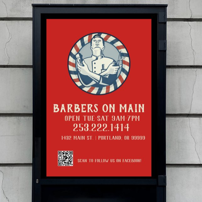 Póster Código QR y distintivo de barbería retro (Check out our entire collection of barber art for business!)