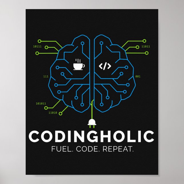 Póster Codingholic Tech Brain Programmer Modo Oscuro (Frente)
