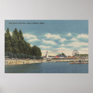 Póster Coeur d'Alene, ID - View of City Beach & Pier