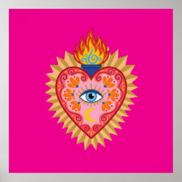 Póster Cœur Sacré Mexicain avec Œil Protecteur et Flamme 