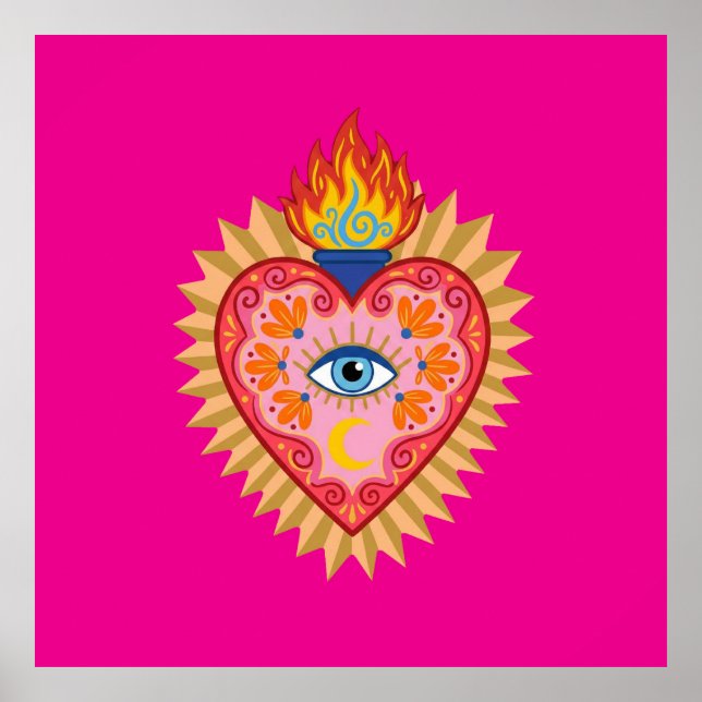 Póster Cœur Sacré Mexicain avec Œil Protecteur et Flamme  (Frente)