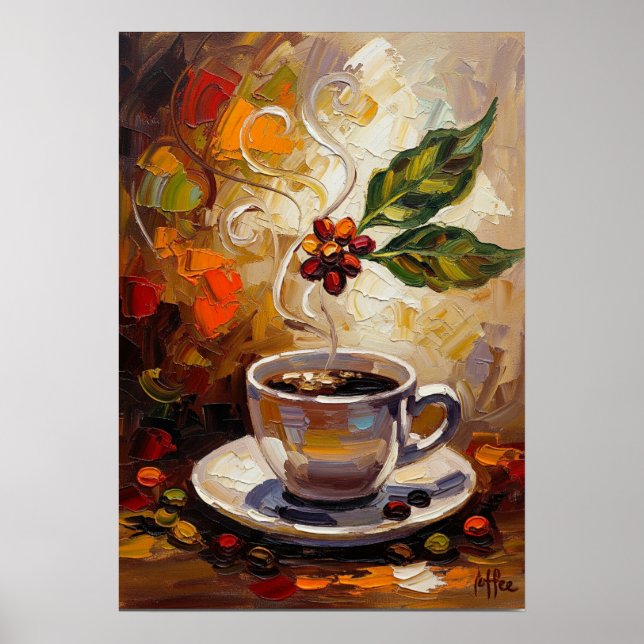 Póster Coffee Art: Steaming Mug & Cherry Branch Poster (Frente)