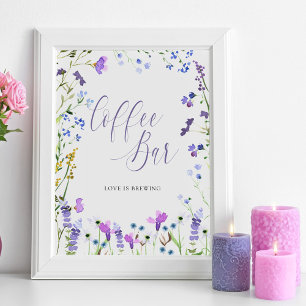 Póster Coffee Bar Purple Wildflower Bridal Shower Rótulo