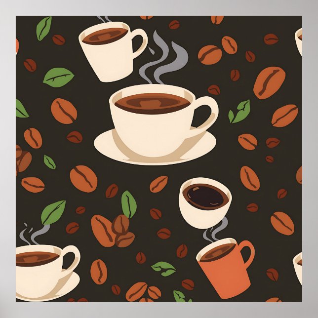 Póster Coffee Cups Beans Morning Pattern (Frente)