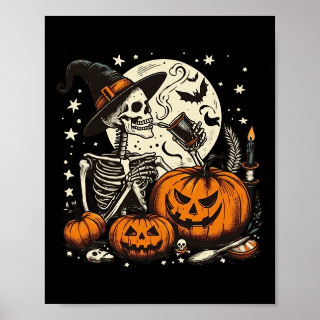 Póster Coffee Drinking Skeleton Pumpkin Halloween Costume (Frente)