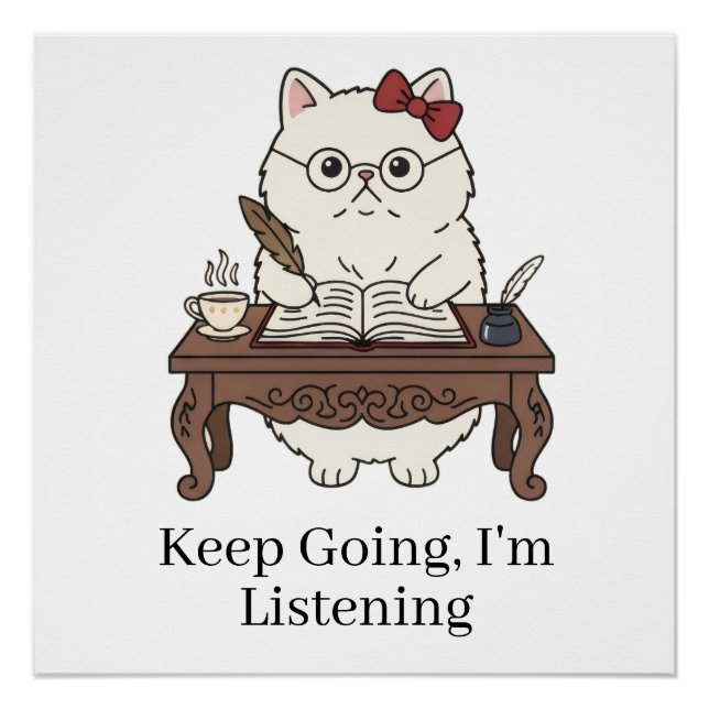 Póster Coffee Loving Cat Studying Cute Motivational Art (Anverso)