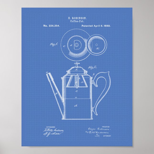 Póster Coffee Pot 1880 Patent Art Blueprint (Frente)