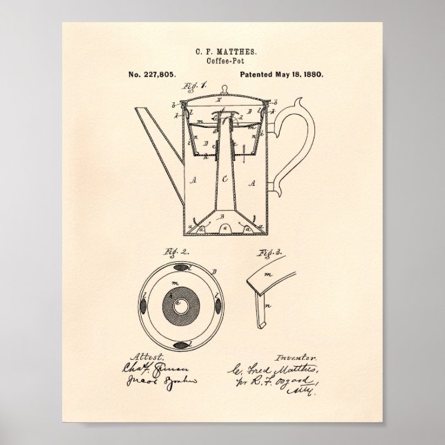 Póster Coffee Pot 1880 Patent Art Old Peper (Frente)