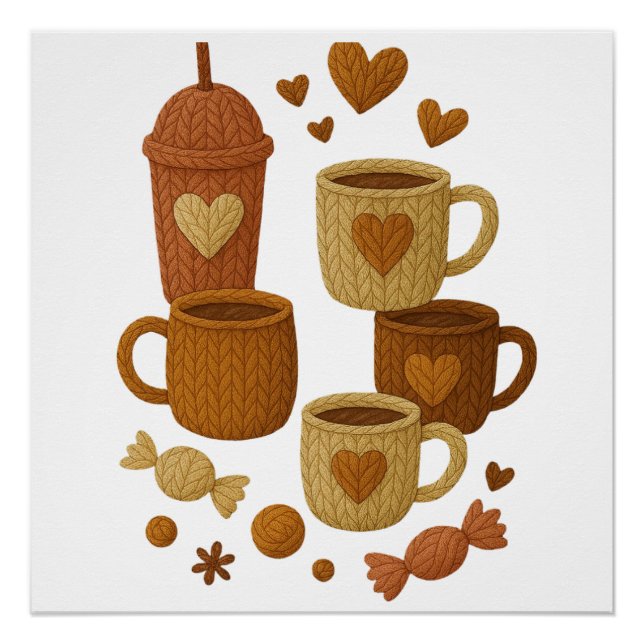Póster Coffee Valentine Day Love Knitted Hearts Hugs (Anverso)