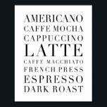 Póster Coffee Words<br><div class="desc">Americano,  Caffe Mocha,  Cappuccino,  Latte,  Caffe Macchiato,  French Press,  Espresso,  Dark Roast</div>