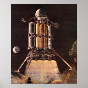 Póster Cohete de ciencia ficción vintage despegando del p