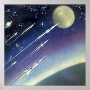 Póster Cohetes de ciencia ficción vintage en el espacio p