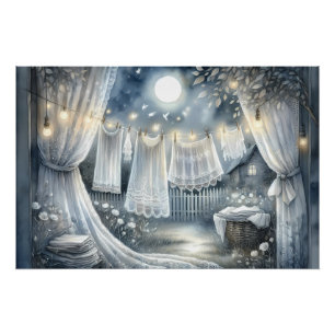Póster Colada de ropa iluminada por la luna Cottagecore
