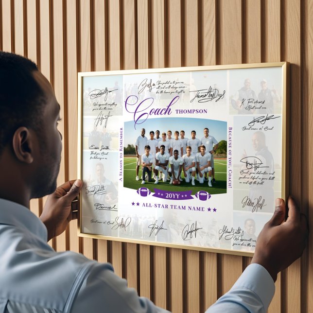 Póster Colaje de Agradecimiento al Entrenador Firma del E (Coach Appreciation Collage Football Team Signature Poster)