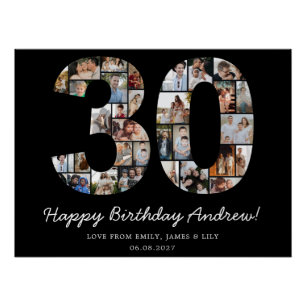 Póster Colaje de fotos de cumpleaños 30 negro grande