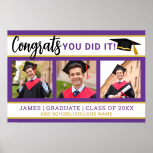 Póster Colaje de Fotos Morado y Dorado 3 Felicidades Grad