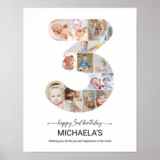Póster Colaje de Fotos Personalizadas del 3er Cumpleaños  (Frente)
