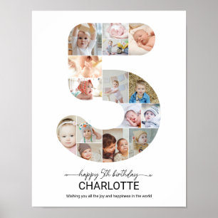 Póster Colaje de fotos personalizadas número 5 cumpleaños