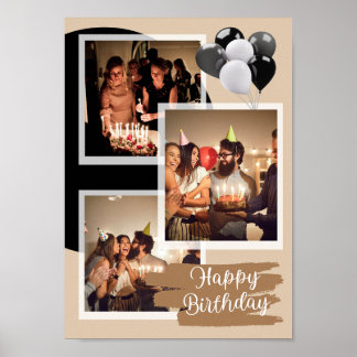 Póster Colaje personalizado de 3 fotos Feliz Cumpleaños 