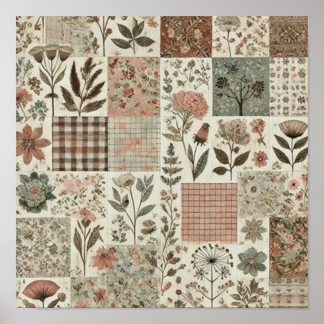 Póster Colcha de patchwork verde salvia estilo granja rús (Frente)