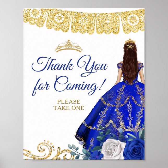 Póster Colchones azules reales Floral Quinceañera Gracias (Frente)