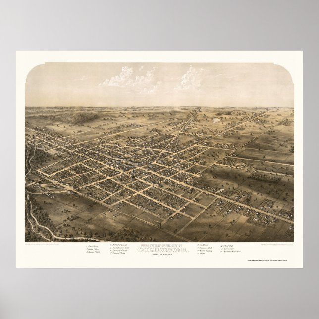 Póster Coldwater, Mapa Panorámico MI - 1868 (Frente)