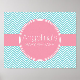 Póster Colección de Baby Shower - Chevrons azules rosados