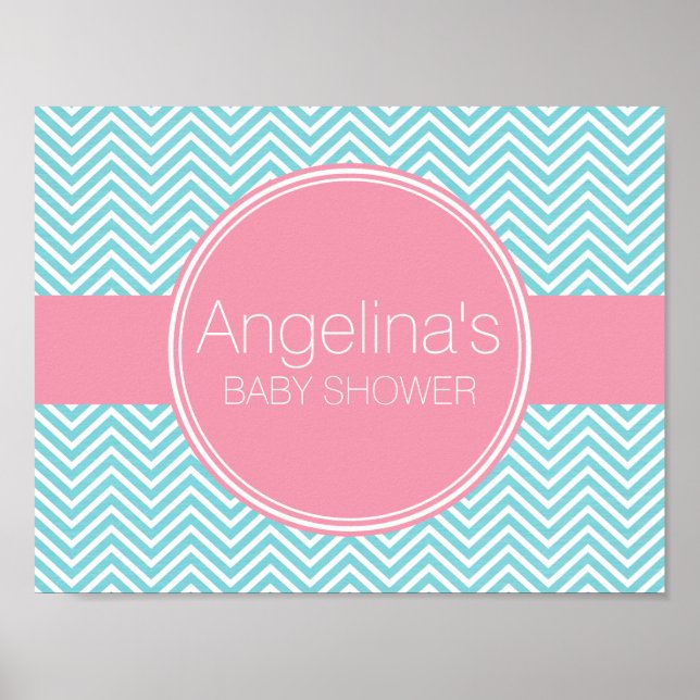Póster Colección de Baby Shower - Chevrons azules rosados (Frente)