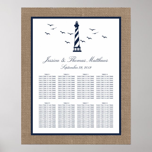 Póster Colección de Bodas Burlap del faro náutico (Frente)
