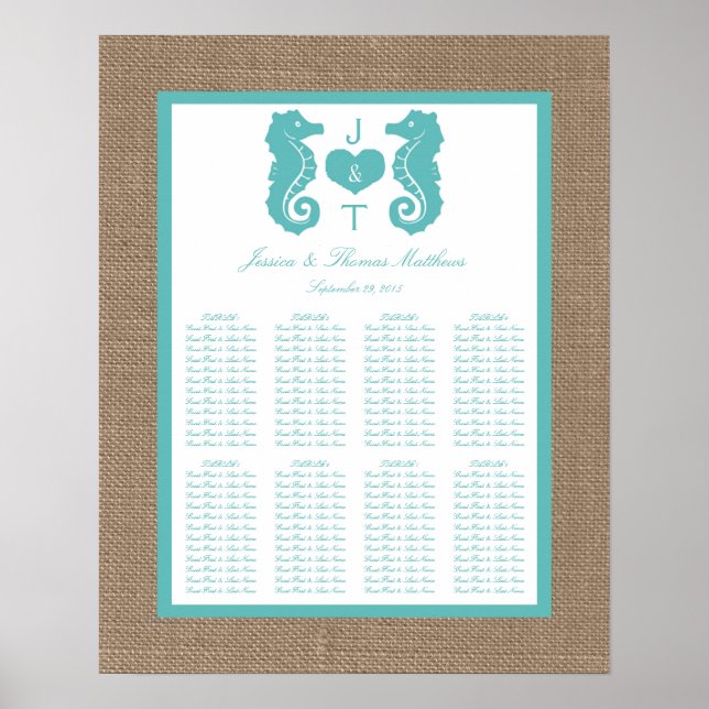 Póster Colección de Bodas Turquoise Seahors Burlap Beach (Frente)