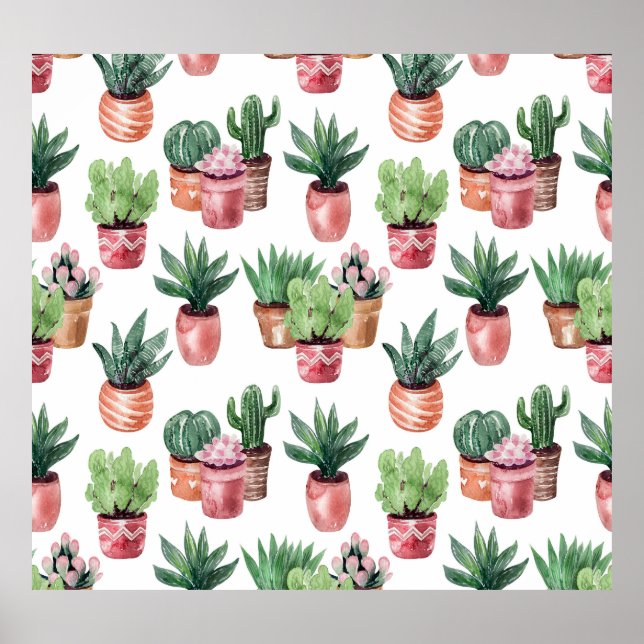 Póster Colección de cactus en ollas, acuarela. (Frente)