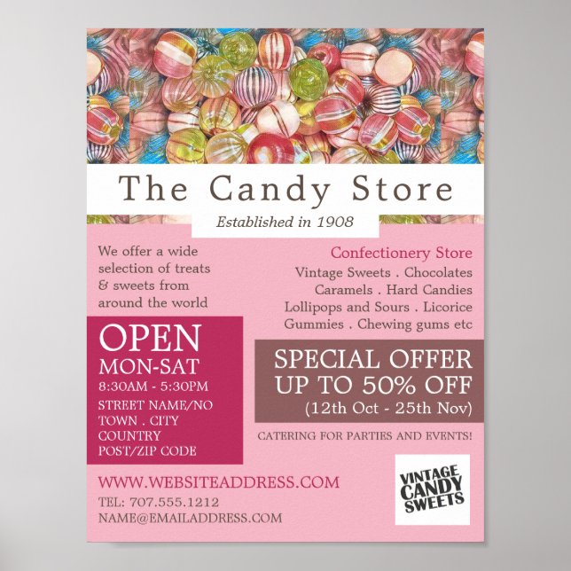 Póster Colección de dulces, publicidad de suministros de  (Frente)