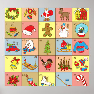 Póster Colección de elementos de doodle del Adviento de N