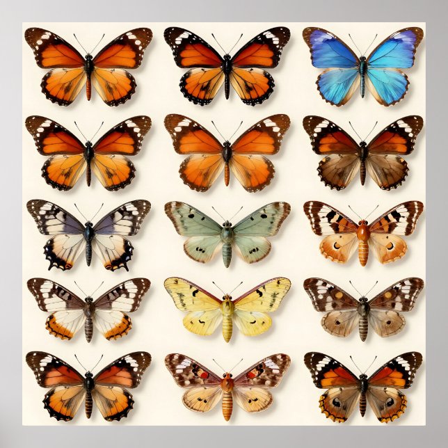 Póster Colección de mariposas vintage en rejilla (Frente)