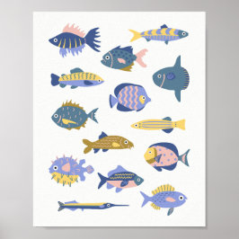 Póster Colección de peces lindos dibujados a mano niños