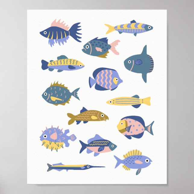 Póster Colección de peces lindos dibujados a mano niños (Frente)