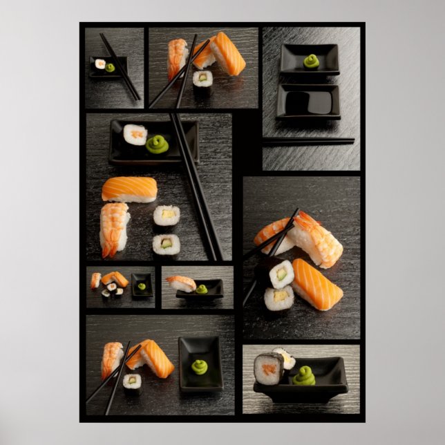 Póster Colección de sushi sobre fondo negro (Frente)