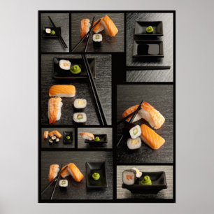 Póster Colección de sushi sobre fondo negro