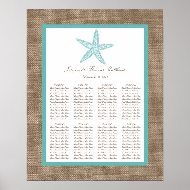 Póster Colección Turquoise Starfish Burlap Beach Wedding (Frente)