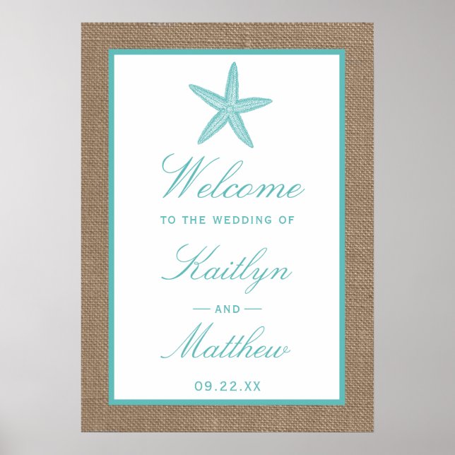 Póster Colección Turquoise Starfish Burlap Beach Wedding (Frente)