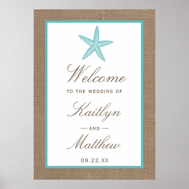 Póster Colección Turquoise Starfish Burlap Beach Wedding (Frente)