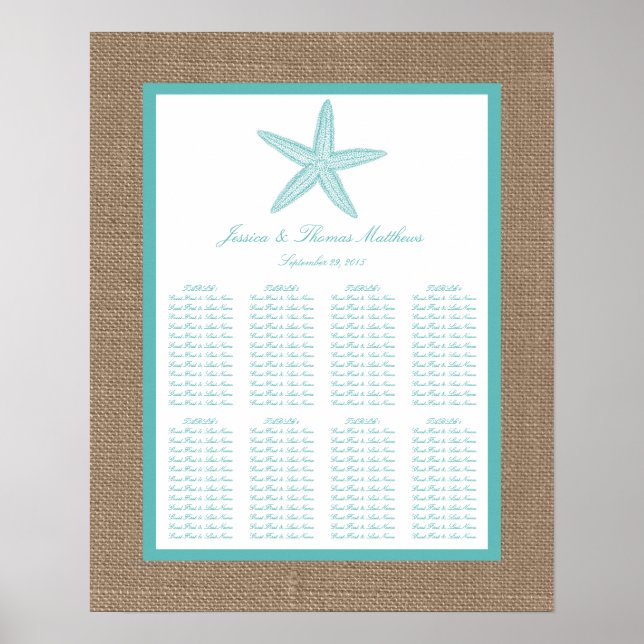 Póster Colección Turquoise Starfish Burlap Beach Wedding (Frente)