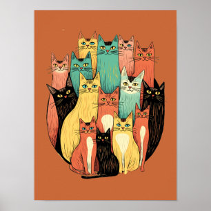 Póster Coletivo de Gatos Modernos de Mediados de Siglo