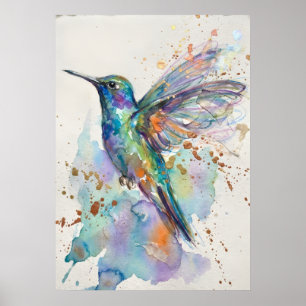 Póster Colibrí Acuarela Arcoíris Irisado Oro Sp